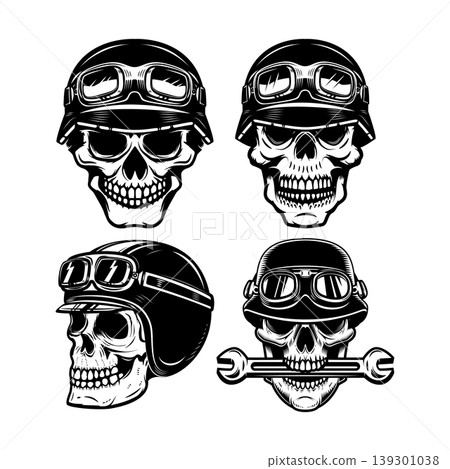 Illustration of skull in racer helmet. Design element for poster, card, banner, emblem, sign. Vector illustration Illustration of skull in racer helmet. Design element for poster, card, banner, emblem, sign. Vector illustration 139301038