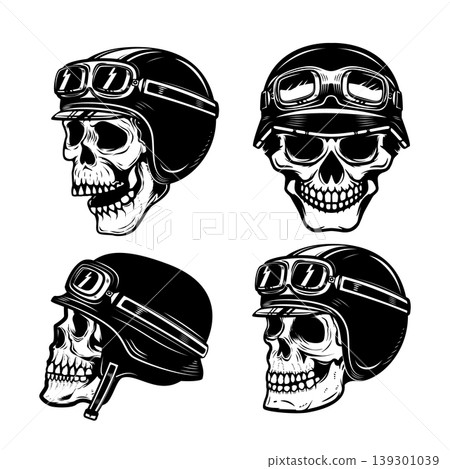 Illustration of skull in racer helmet. Design element for poster, card, banner, emblem, sign. Vector illustration Illustration of skull in racer helmet. Design element for poster, card, banner, emblem, sign. Vector illustration 139301039