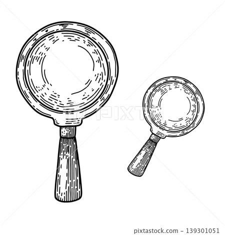 Illustration of magnifier in vintage engraving style. Design element for logo, emblem, sign, poster, card, banner. Vector illustration Illustration of magnifier in vintage engraving style. Design element for logo, emblem, sign, poster, card, banner. Vector illustration 139301051