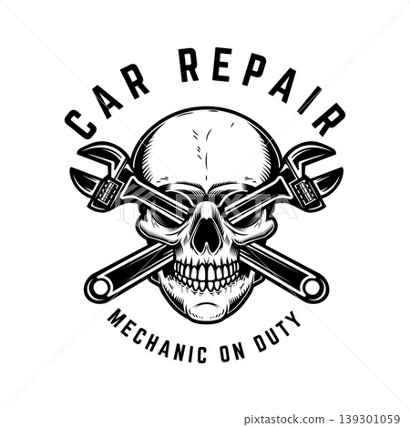 Vintage skull with crossed plumbing wrenches. Design element for poster, emblem, sign, logo, label. Vector illustration 139301059