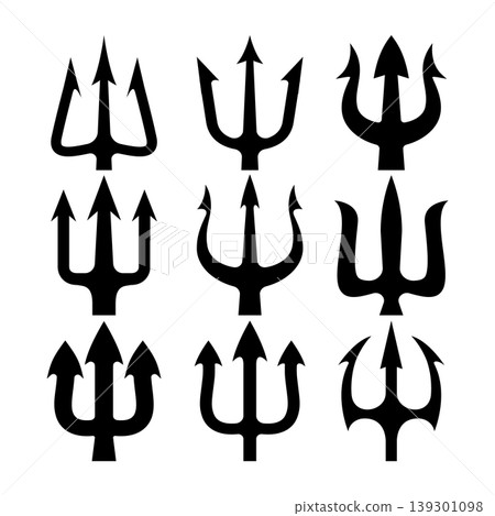 Set of illustrations of trident. Neptune trident. Design element for logo, label, sign, emblem, poster. Vector illustration Set of illustrations of trident. Neptune trident. Design element for logo, label, sign, emblem, poster. Vector illustration 139301098