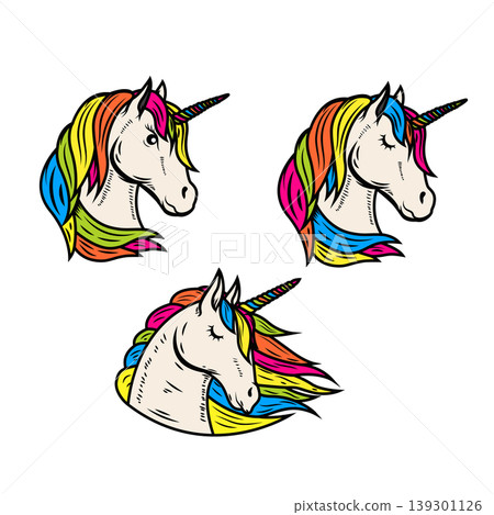 Set of illustrations of unicorn head. Design elements for logo, emblem, sign. Vector illustration Set of illustrations of unicorn head. Design elements for logo, emblem, sign. Vector illustration 139301126