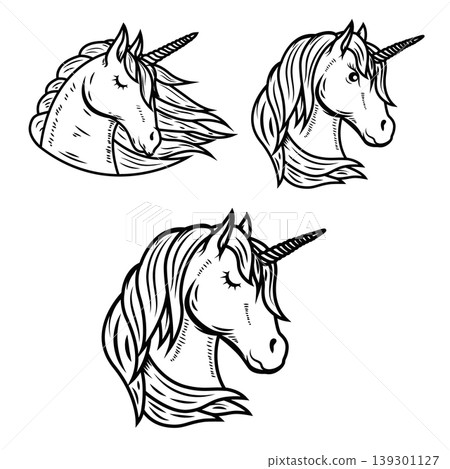 Set of illustrations of unicorn head. Design elements for logo, emblem, sign. Vector illustration Set of illustrations of unicorn head. Design elements for logo, emblem, sign. Vector illustration 139301127