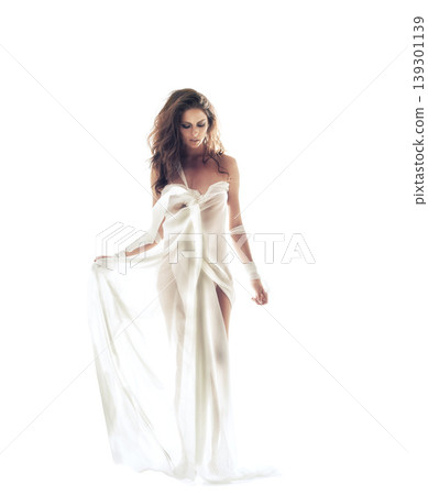 Woman, elegant and fashion with hair for white background in studio in Italy. Female model, confident or looking down for pose in ethereal, vintage or chic clothes with cool, trendy or edgy hairstyle Woman, elegant and fashion with hair for white background in studio in Italy. Female model, confident or looking down for pose in ethereal, vintage or chic clothes with cool, trendy or edgy hairstyle 139301139