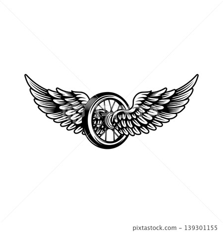 Motorcycle wheel with wings isolated on white background. Design elements for logo, label, emblem,sign. Vector illustration Motorcycle wheel with wings isolated on white background. Design elements for logo, label, emblem,sign. Vector illustration 139301155