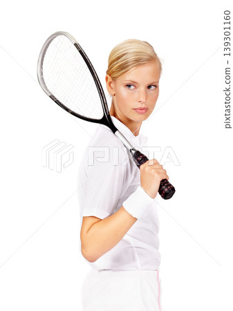 Tennis, woman or thinking with racket in studio for sports, competition or contest isolated on white background. Serious professional athlete ready with bat for skill, performance or action for match 139301160