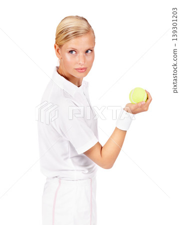 Serious, tennis and woman with ball in studio for sports, competition and contest isolated on white background. Professional athlete thinking of performance, ready for skill and training for action 139301203