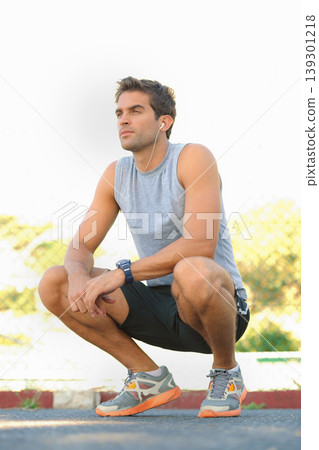 Sports, break and man athlete in nature with earphones training for race, marathon or competition. Fitness, exercise and young male runner listening to podcast, radio or playlist for cardio workout. Sports, break and man athlete in nature with earphones training for race, marathon or competition. Fitness, exercise and young male runner listening to podcast, radio or playlist for cardio workout. 139301218