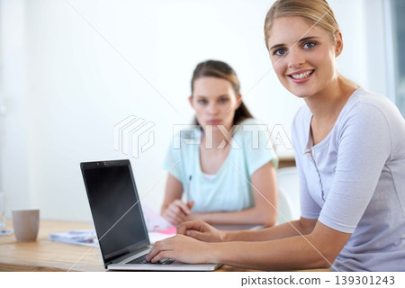 Business women, teamwork and laptop for office planning, marketing research and copywriting for website. Young professional employees, creative writer or people in portrait, computer and social media Business women, teamwork and laptop for office planning, marketing research and copywriting for website. Young professional employees, creative writer or people in portrait, computer and social media 139301243