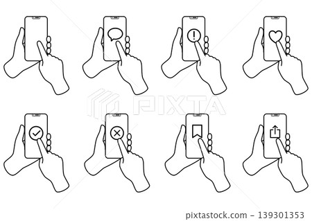 Smartphone operation, tap, icon set, line art, 8 pieces Smartphone operation, tap, icon set, line art, 8 pieces 139301353