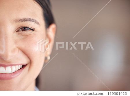 Woman, portrait and eyes with smile for vision, eye exam and optometry with assessment or consultation. Half, face and happy at optometrist for eyecare, healthcare and wellness with confidence or joy Woman, portrait and eyes with smile for vision, eye exam and optometry with assessment or consultation. Half, face and happy at optometrist for eyecare, healthcare and wellness with confidence or joy 139301423