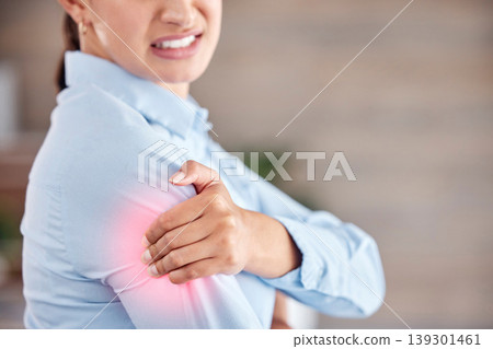 Business woman, shoulder pain and injury from accident, inflammation or sore joint at office. Closeup of female person and ache, strain or broken arm in cramp, muscle tension or red area at workplace Business woman, shoulder pain and injury from accident, inflammation or sore joint at office. Closeup of female person and ache, strain or broken arm in cramp, muscle tension or red area at workplace 139301461