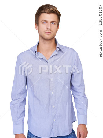 Style, handsome and portrait of man in studio with casual, classy and trendy outfit. Serious, confidence and attractive young male model with cool and edgy style isolated by white background. Style, handsome and portrait of man in studio with casual, classy and trendy outfit. Serious, confidence and attractive young male model with cool and edgy style isolated by white background. 139301507
