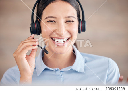 Call center, woman and smile for online customer service, CRM contact or telemarketing advice. Happy telecom consultant, microphone or communication at help desk in sales, IT questions or FAQ support Call center, woman and smile for online customer service, CRM contact or telemarketing advice. Happy telecom consultant, microphone or communication at help desk in sales, IT questions or FAQ support 139301539