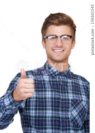 Business man, portrait and thumbs up in studio for success and support, agreement and like emoji or vote hands. Face of worker or winner in glasses with okay, good job or vision on a white background Business man, portrait and thumbs up in studio for success and support, agreement and like emoji or vote hands. Face of worker or winner in glasses with okay, good job or vision on a white background 139301543
