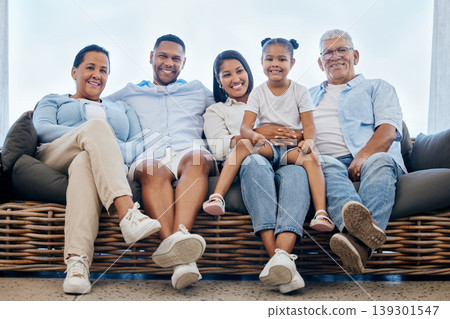 Portrait, home and family on a couch, smile and relax with happiness, weekend break and generations. Grandparents, mother or father with children, kids and rest with joy, calm and love in a lounge Portrait, home and family on a couch, smile and relax with happiness, weekend break and generations. Grandparents, mother or father with children, kids and rest with joy, calm and love in a lounge 139301547