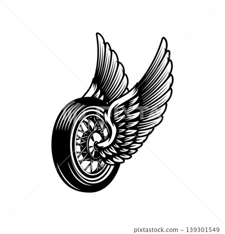 Motorcycle wheel with wings isolated on white background. Design elements for logo, label, emblem,sign. Vector illustration Motorcycle wheel with wings isolated on white background. Design elements for logo, label, emblem,sign. Vector illustration 139301549