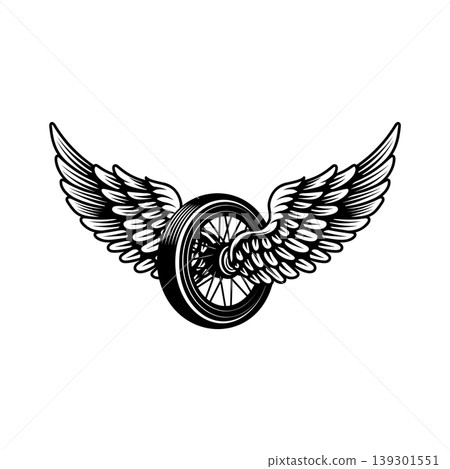 Motorcycle wheel with wings isolated on white background. Design elements for logo, label, emblem,sign. Vector illustration 139301551