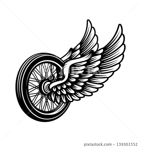 Motorcycle wheel with wings isolated on white background. Design elements for logo, label, emblem,sign. Vector illustration 139301552