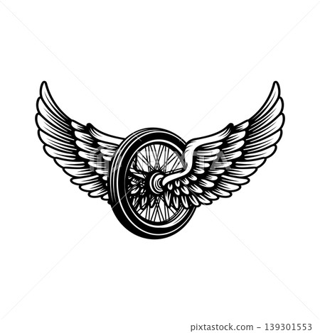 Motorcycle wheel with wings isolated on white background. Design elements for logo, label, emblem,sign. Vector illustration Motorcycle wheel with wings isolated on white background. Design elements for logo, label, emblem,sign. Vector illustration 139301553