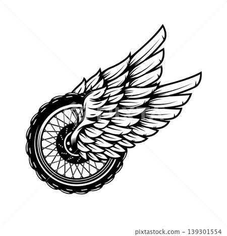 Motorcycle wheel with wings isolated on white background. Design elements for logo, label, emblem,sign. Vector illustration 139301554