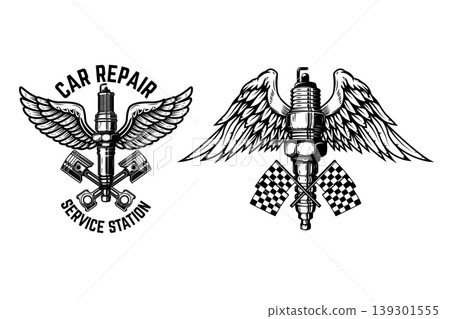 Winged motorcycle spark plug. Design elements for logo, label, sign, menu. Vector illustration Winged motorcycle spark plug. Design elements for logo, label, sign, menu. Vector illustration 139301555