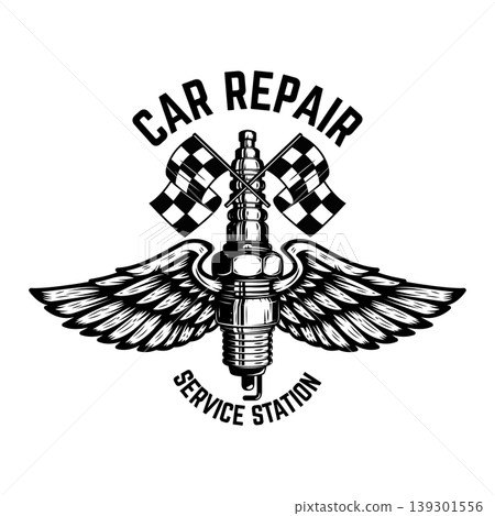 Winged motorcycle spark plug. Design elements for logo, label, sign, menu. Vector illustration 139301556