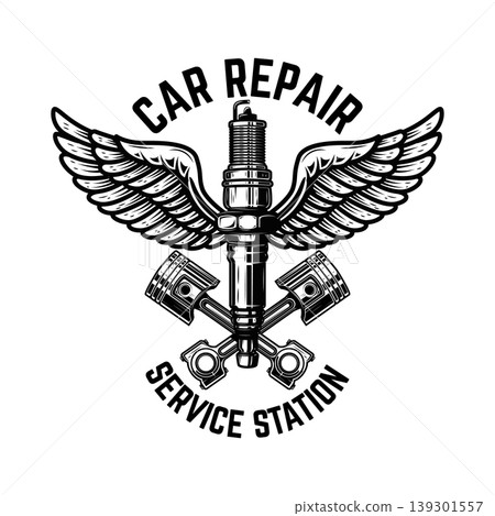 Winged motorcycle spark plug. Design elements for logo, label, sign, menu. Vector illustration Winged motorcycle spark plug. Design elements for logo, label, sign, menu. Vector illustration 139301557