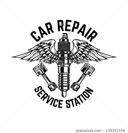 Winged motorcycle spark plug. Design elements for logo, label, sign, menu. Vector illustration Winged motorcycle spark plug. Design elements for logo, label, sign, menu. Vector illustration 139301558