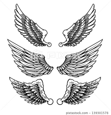 Set of illustrations of wings in engraving style. Gothic style wings tattoo. Design elements for logo, emblem, sign. Vector illustration Set of illustrations of wings in engraving style. Gothic style wings tattoo. Design elements for logo, emblem, sign. Vector illustration 139301578