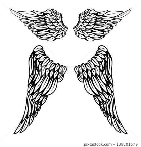 Set of illustrations of wings in engraving style. Gothic style wings tattoo. Design elements for logo, emblem, sign. Vector illustration 139301579