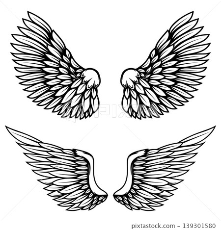 Set of illustrations of wings in engraving style. Gothic style wings tattoo. Design elements for logo, emblem, sign. Vector illustration 139301580