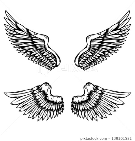 Set of illustrations of wings in engraving style. Gothic style wings tattoo. Design elements for logo, emblem, sign. Vector illustration Set of illustrations of wings in engraving style. Gothic style wings tattoo. Design elements for logo, emblem, sign. Vector illustration 139301581