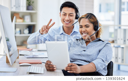 Call center, man and woman with selfie, smile or peace sign for teamwork and customer service in office. Telemarketing, people and employees or agents with tablet for social media profile picture Call center, man and woman with selfie, smile or peace sign for teamwork and customer service in office. Telemarketing, people and employees or agents with tablet for social media profile picture 139301624
