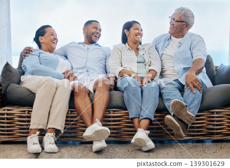 Happy family, together and laugh on couch at home, outdoors or backyard for funny joke, story or memory. Mature parents, young couple and smile on face for bonding, relationship and care with embrace Happy family, together and laugh on couch at home, outdoors or backyard for funny joke, story or memory. Mature parents, young couple and smile on face for bonding, relationship and care with embrace 139301629