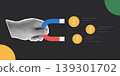 Trendy Halftone Collage of a halftone hand holding a magnet attracting dollar coins, symbolizing lead generation and customer acquisition, ideal for marketing and business growth content. 139301702