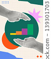 Trendy Halftone Collage of two halftone hands nurturing a rising bar chart on a circle, symbolizing nurturing and managing growth, ideal for business management and investment content. 139301703