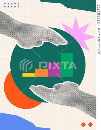 Trendy Halftone Collage of two halftone hands nurturing a rising bar chart on a circle, symbolizing nurturing and managing growth, ideal for business management and investment content. 139301703