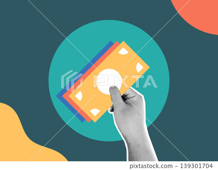 Trendy Halftone Collage of a halftone hand holding stacked banknotes on a circle, symbolizing payment and financial transaction, ideal for banking, finance, and business content. 139301704