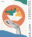 Trendy Halftone Collage of a halftone hand supporting a paper boat with a character holding a flag and stacked dollar coins, symbolizing supportive growth and financial success, ideal for business and 139301705