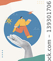 Trendy Halftone Collage of a halftone hand supporting a confident business character with a briefcase and star bursts, symbolizing supportive growth and empowerment, ideal for business and career cont 139301706