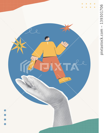 Trendy Halftone Collage of a halftone hand supporting a confident business character with a briefcase and star bursts, symbolizing supportive growth and empowerment, ideal for business and career cont 139301706