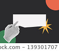 Trendy Halftone Collage of a halftone hand pointing at a blank text banner with a star burst, ideal for announcements, promotions, and customizable message content on dark background. 139301707