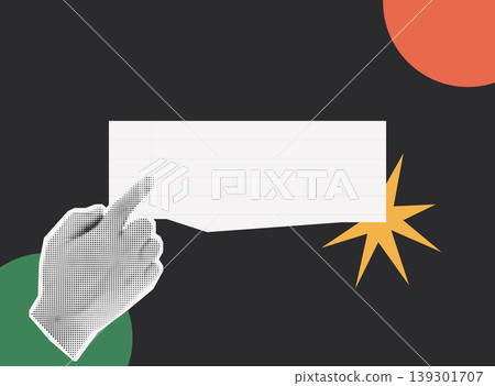 Trendy Halftone Collage of a halftone hand pointing at a blank text banner with a star burst, ideal for announcements, promotions, and customizable message content on dark background. 139301707
