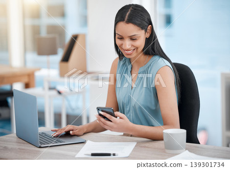Phone, reading and happy professional woman, bank receptionist or secretary check email communication. Smartphone app, business laptop and administration review of online banking financial loan data Phone, reading and happy professional woman, bank receptionist or secretary check email communication. Smartphone app, business laptop and administration review of online banking financial loan data 139301734