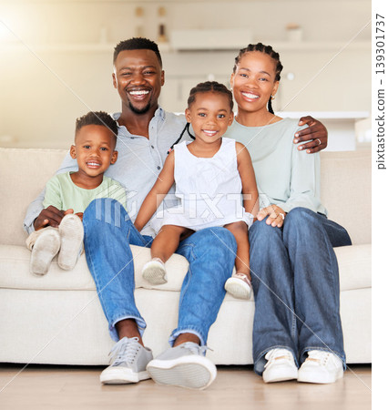 Happy family, portrait or love on sofa, care or together with wellness in living room. Black people, woman or man with children for smile face, relax bonding or weekend for gratitude support in house Happy family, portrait or love on sofa, care or together with wellness in living room. Black people, woman or man with children for smile face, relax bonding or weekend for gratitude support in house 139301737