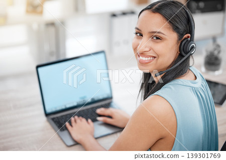Call center laptop screen, portrait and happy woman in business ecommerce, bank CRM administration or customer support. Help desk receptionist, online outsourcing UI and mockup lead generation space 139301769