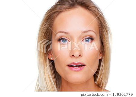 Beauty, makeup and glow with portrait of woman in studio for cosmetics, dermatology and spa treatment. Self care, health and face of female model on white background for cosmetology and facial 139301779