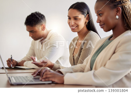 Collaboration, coworking and business people with laptop and boss with communication in a office. Working, tech and creative writer staff with web advice, talking and discussion for digital project 139301804
