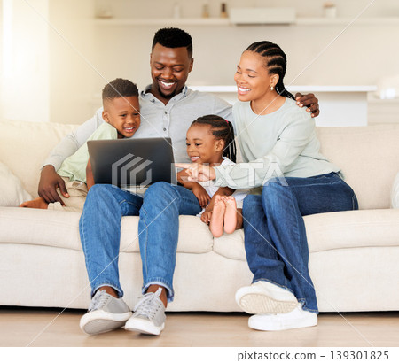 Happy family, laptop and streaming with smile on sofa for entertainment, video or movie. Black man, woman and children in laugh for funny joke on technology by internet, website or app in living room 139301825